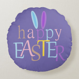 Fun Elegant Colourful Bunny Happy Easter on Purple Round Pillow
