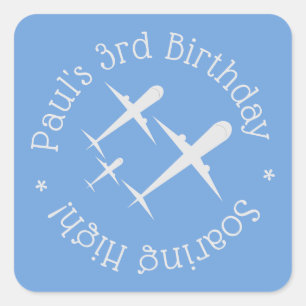 Fun, Elegant Personalized Birthday Airplanes Blue Square Sticker