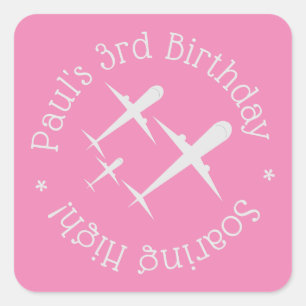 Fun, Elegant Personalized Birthday Airplanes Pink Square Sticker