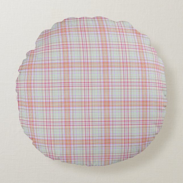 Fun Elegant Pink and Green Modern Plaid Pattern Round Pillow (Front)