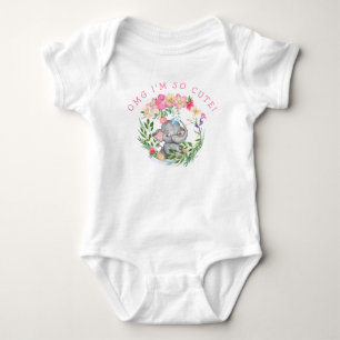 Fun Elephant OMG So Cute Text Flowers Pink Girl Baby Bodysuit