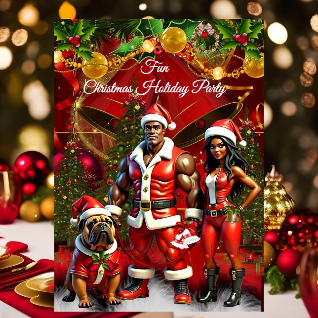 Fun Ethnic Christmas Holiday Red Couple Dog Invitation (Creator Uploaded)