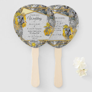 Fun Expressive in Yellow and Grey plant leaves Hand Fan