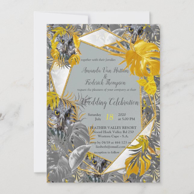 Fun Expressive in Yellow and Grey plant leaves Invitation (Front)