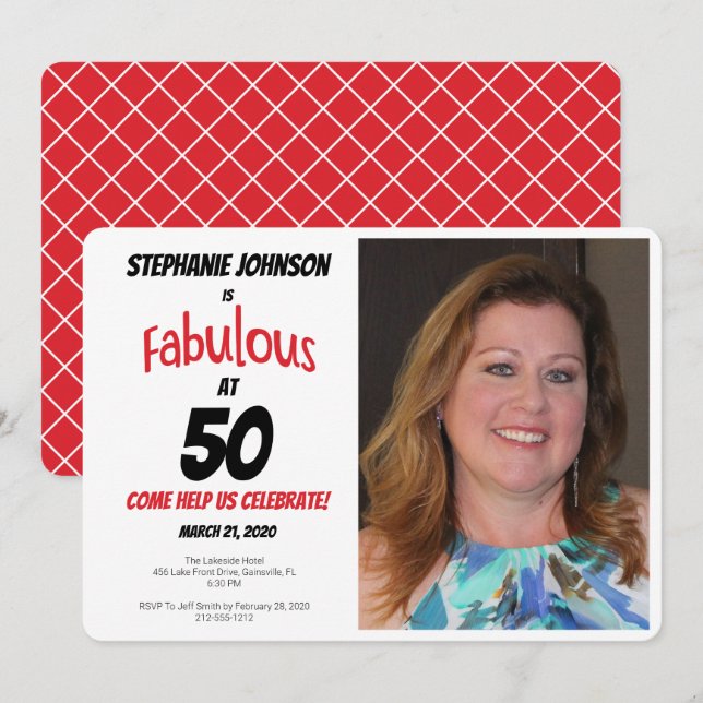 Fun Fabulous at 50 Red and Black Birthday Party Invitation (Front/Back)