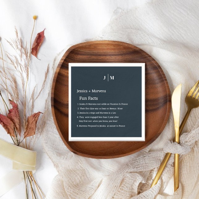 Fun Facts About The Newlyweds navy blue wedding Napkin (Creator Uploaded)