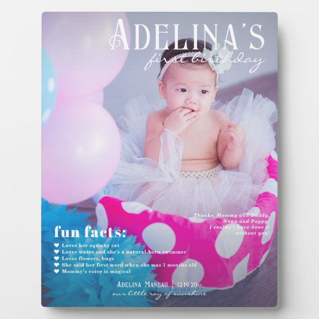 Fun Facts Baby's 1st Birthday Magazine Cover Style Plaque (Front)