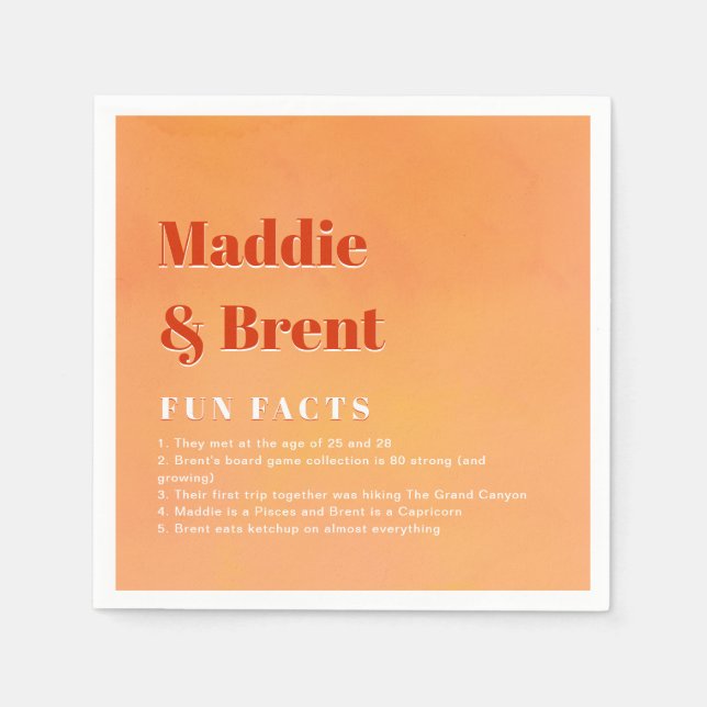 Fun Facts Bold Modern Orange Sunset Joyful Wedding Napkin (Front)