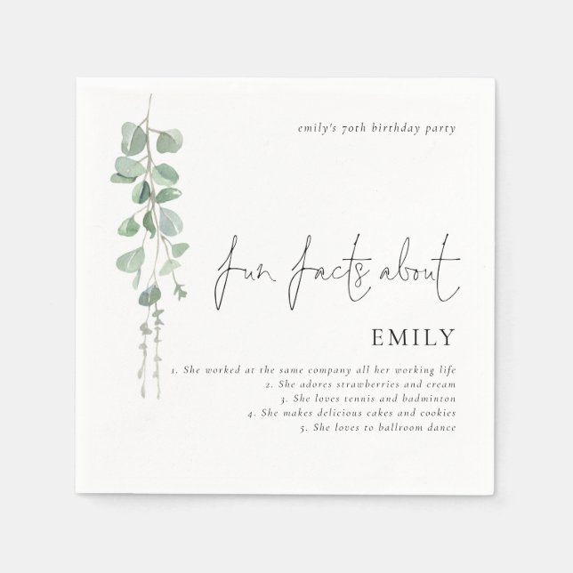Fun Facts Eucalyptus Script 70th Birthday Party Napkin (Front)