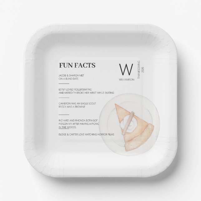 Fun Facts Family Initial Pumpkin Pie Thanksgiving Paper Plate (Front)