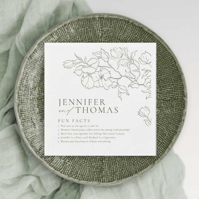 Fun facts hand drawn floral sage green wedding napkin (Fun facts hand drawn floral sage green wedding napkins)