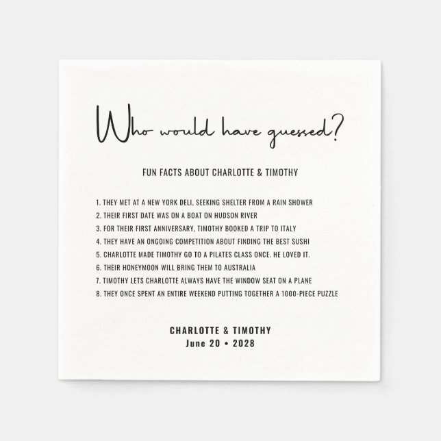 Fun Facts Modern Minimalist Script Wedding Napkin (Front)