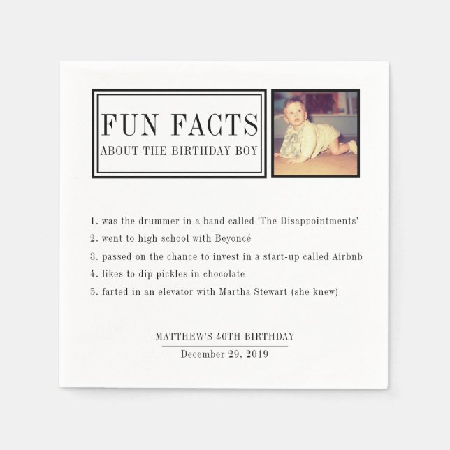 Fun Facts personalized napkins for birthdays (Front)
