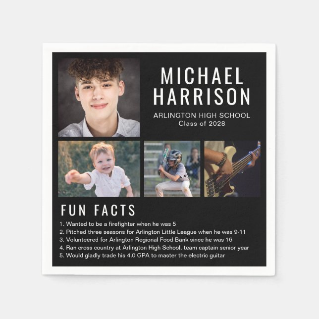 Fun Facts Photo Black Graduation Napkins (Front)