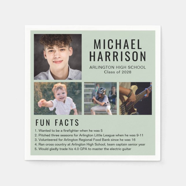 Fun Facts Photo Sage Green Graduation Napkin (Front)