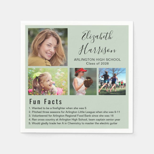 Fun Facts Photos Sage Green Graduation Napkin (Front)