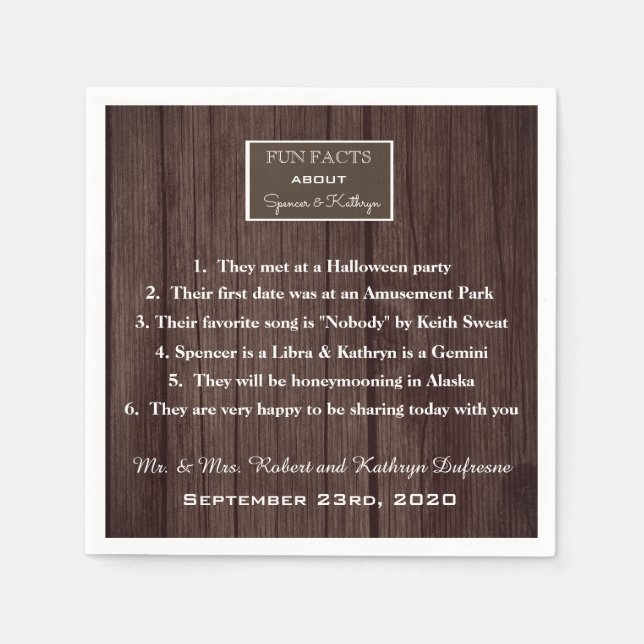 "Fun Facts" Romantic & Rustic Wedding Personalized Napkin (Front)
