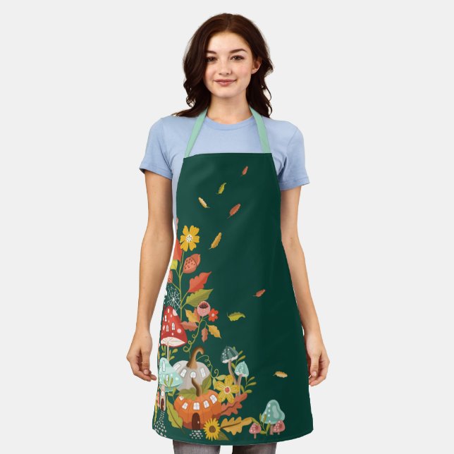 Fun Fairy Garden Autumn Leafs Mushrooms & Pumpkin Apron (Worn)