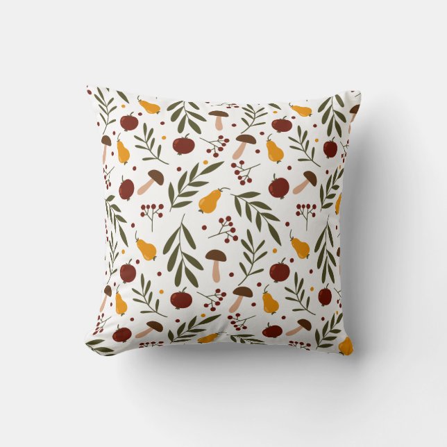 Fun Fall Autumn Leaves Mushrooms Squash Acorns Throw Pillow (Front)