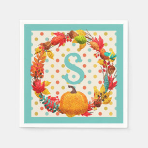 Fun fall pumpkin wreath polka dot teal orange cute napkin
