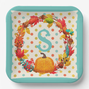 Fun fall pumpkin wreath polka dot teal orange cute paper plate