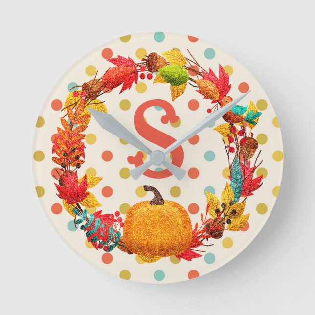 Fun fall pumpkin wreath polka dot teal orange cute round clock (Front)