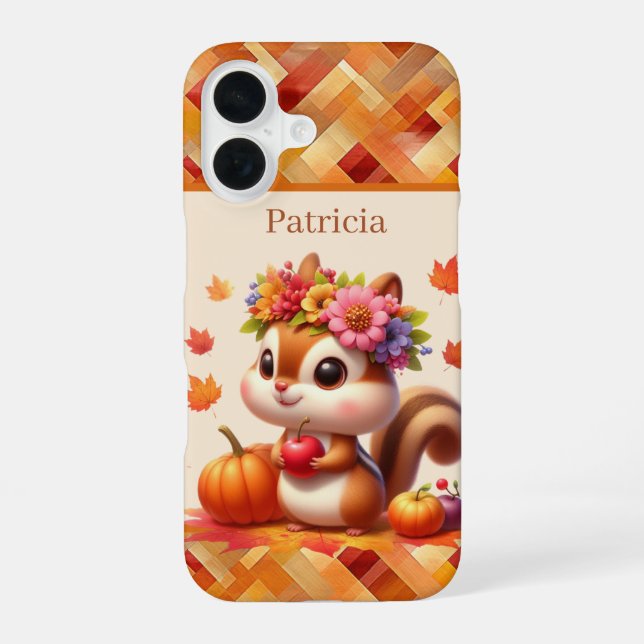 Fun Fall Seasonal squirrel add name iPhone 16 Case (Back)