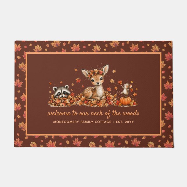 Fun Fall Woodland Animals Personalized Autumn Doormat (Front)