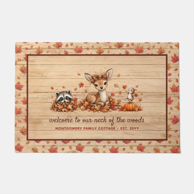 Fun Fall Woodland Animals Rustic Personalized Doormat (Front)