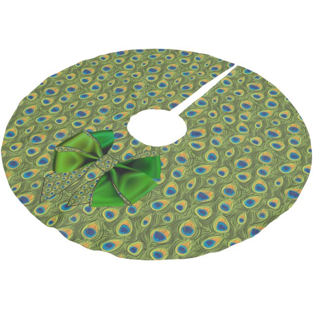 Fun Fantasy Peacock Print with Green Bow Brushed Polyester Tree Skirt (Angled)