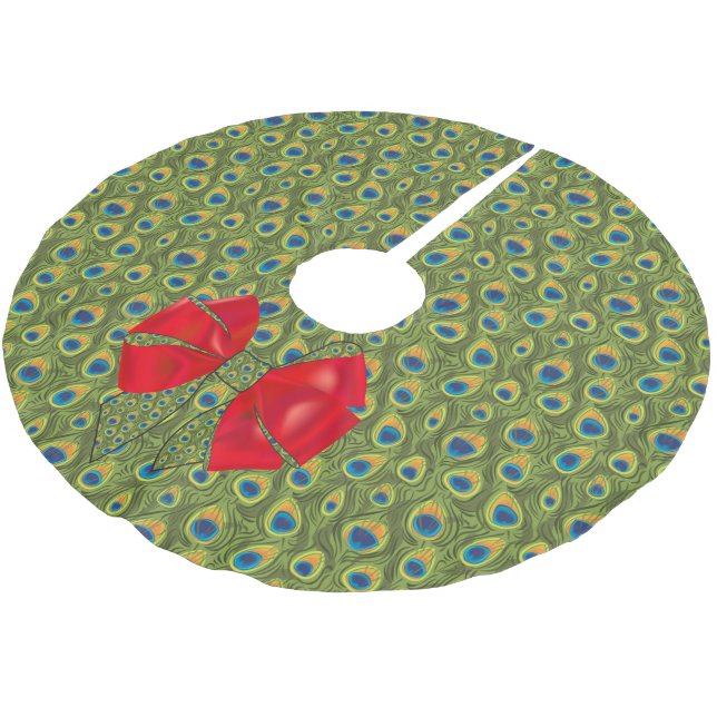 Fun Fantasy Peacock Print with Red Bow Brushed Polyester Tree Skirt (Angled)