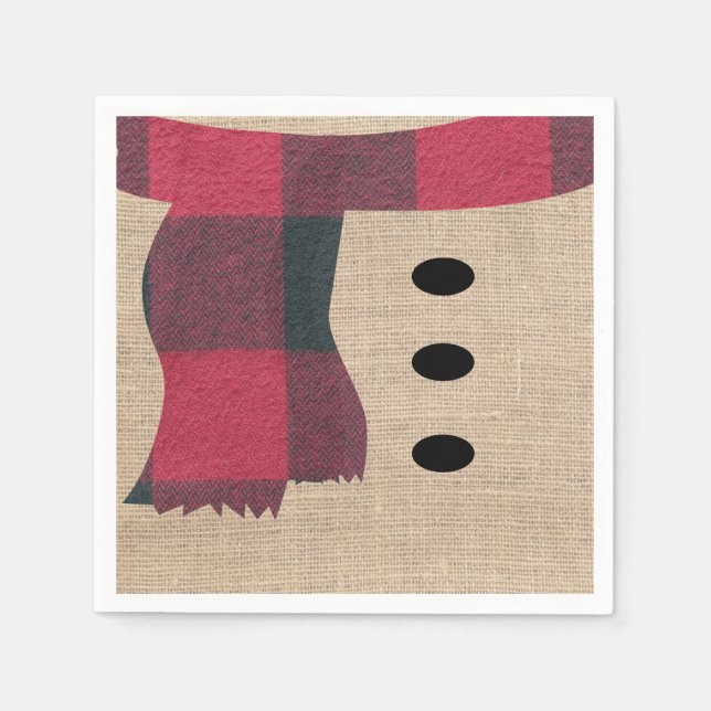 Fun Farmhouse Burlap Snowman Plaid Scarf & Buttons Napkin (Front)
