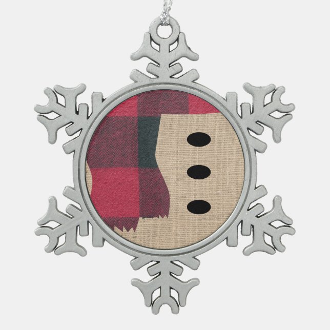 Fun Farmhouse Burlap Snowman Plaid Scarf & Buttons Snowflake Pewter Christmas Ornament (Front)