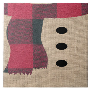 Fun Farmhouse Burlap Snowman Plaid Scarf & Buttons Tile
