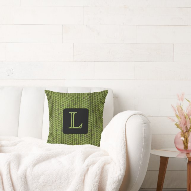 FUN FAUX GREEN LIZARD PRINT, MONOGRAM THROW PILLOW (Couch)