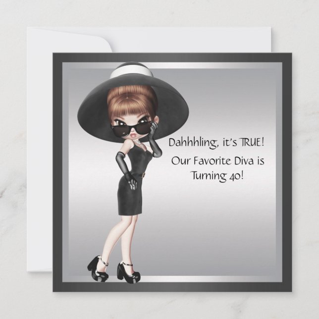 Fun Favourite Diva Womans Black 40th Birthday Invitation (Front)