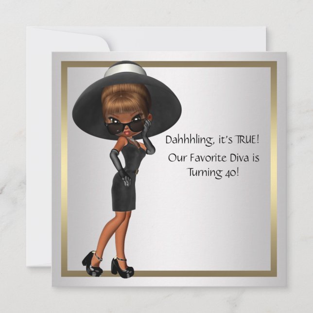 Fun Favourite Diva Womans Black 40th Birthday Part Invitation (Front)
