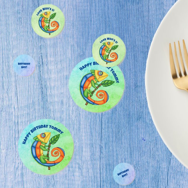 Fun Festive Birthday Lizard Bright Colours Leaf Confetti (Fun table confetti for kids birthday with lizard in bright colors on blues and greens.)