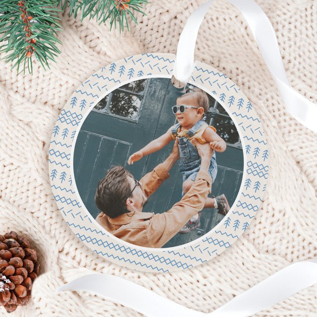 Fun Festive Blue Knitted Stitched Pattern Photo Ornament (Fun Festive Blue Knitted Stitched Pattern Photo Ornament)
