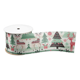 Fun Festive Christmas Reindeer Green Satin Ribbon