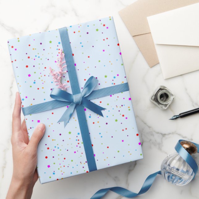 Fun Festive Colourful Confetti on LIGHT BLUE Wrapping Paper (Gifting)