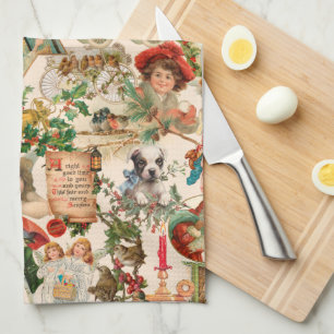 Fun, Festive & Colourful Vintage Christmas Ephemer Kitchen Towel