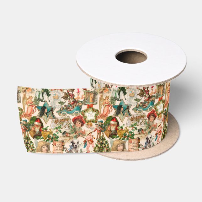 Fun, Festive & Colourful Vintage Christmas Ephemer Satin Ribbon (Spool)