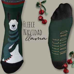 Fun Festive “Fleece Navidad” Pun Llama Green Socks