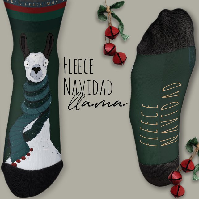 Fun Festive “Fleece Navidad” Pun Llama Green  Socks (Creator Uploaded)