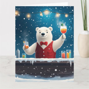 Fun Festive Polar Bear Bartender Illustration Card