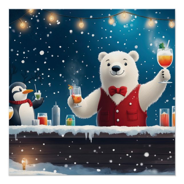 Fun Festive Polar Bear Bartender Illustration Poster (Front)