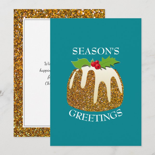 Fun| Festive Pudding | GLITTER SPARKLE | Christmas Holiday Card (Front/Back)