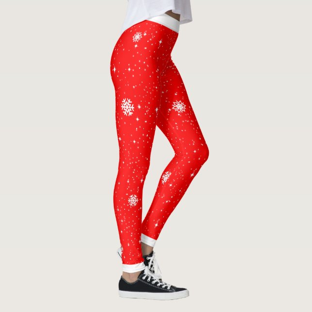 Fun Festive Traditional Snowflakes on RED Leggings (Right)