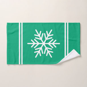 Fun Festive White Snowflakes Stripes On Green Blue Bath Towel Set